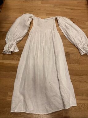 Sleeper White Off-Shoulder Smocked Maxi Dress with Balloon Sleeves